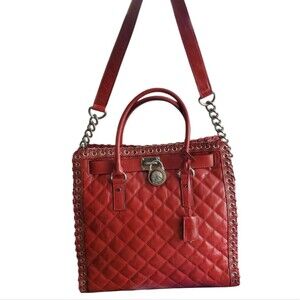 Michael Kors Hamilton Quilted Satchel‎ Shoulder Crossbody Bag Red Leather